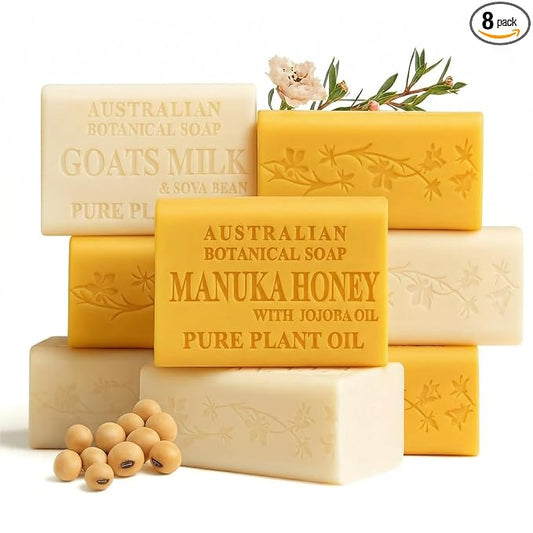 Australian Botanical Goats Milk Soap and Manuka Honey 6.6 OZ, Triple Milled Bars made with a Natural Soap Base and Enriched with Organic Shea Butter, Pack of 8