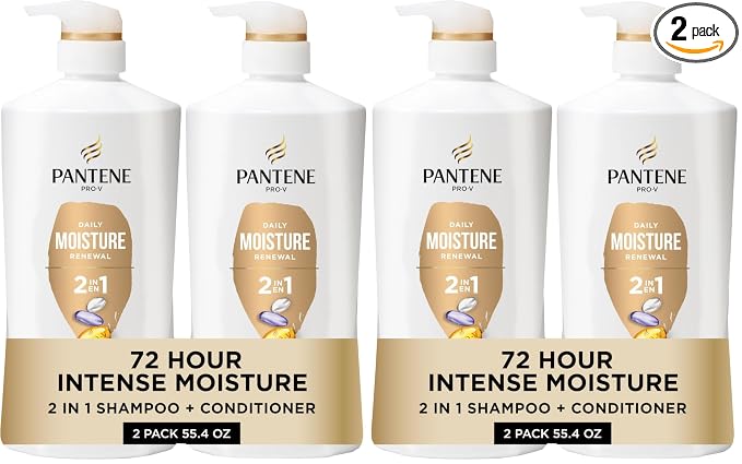 Pantene 2-in-1 Shampoo & Conditioner, Daily Moisture Renewal - Pro-V Nutrients for Dry, Straight to Curly Hair,72-Hour Hydration & Softness, 27.7 Oz Each, + Rescue Shot (0.5 Oz),2 Count (Pack of 2)