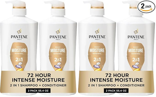 Pantene 2-in-1 Shampoo & Conditioner, Daily Moisture Renewal - Pro-V Nutrients for Dry, Straight to Curly Hair,72-Hour Hydration & Softness, 27.7 Oz Each, + Rescue Shot (0.5 Oz),2 Count (Pack of 2)