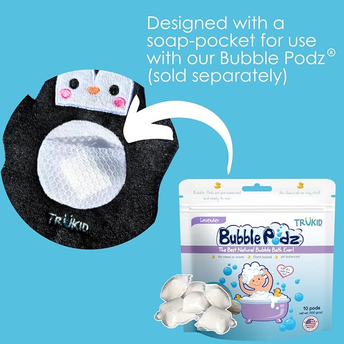 TruKid BubbleGlove, Bath Wash Gloves-Sponge - Hand Puppet for Kids & Toddler, Bath Sponge & Baby Washcloth Mitt for Kids & Adults, Body Scrubber for Mommy & Me - Penguin Set of 2