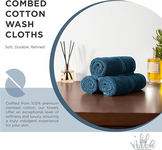 Cotton Washcloths Set of 12, 12x12 Inch, 100% Ring-Spun Combed Cotton, Soft Absorbent Quick-Dry Wash Cloths for Face and Body, Oeko-TEX Certified, Hotel & Spa Quality, Blue