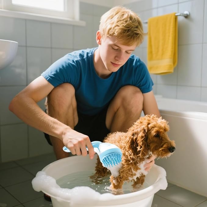 1PCS Pet Bath Brush with Soap Dispenser New 2 in 1 Shampoo Brush for Dogs Bath Dog Soap Brush Bathing Dog Grooming Massage Brushes for Long Short Haired Dogs Cats Pet Shower (Blue)