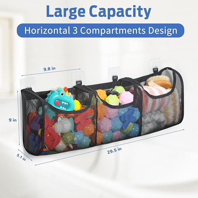 Goowin Bath Toy Storage, Bath Toy Holder, 3 Compartment Large Openings Bath Toy Organizer, Large Capacity Bath Tub Toy Holder, Kids Bathtub Toy Storage For Accessing & Sorting Toys (Black, Regular)
