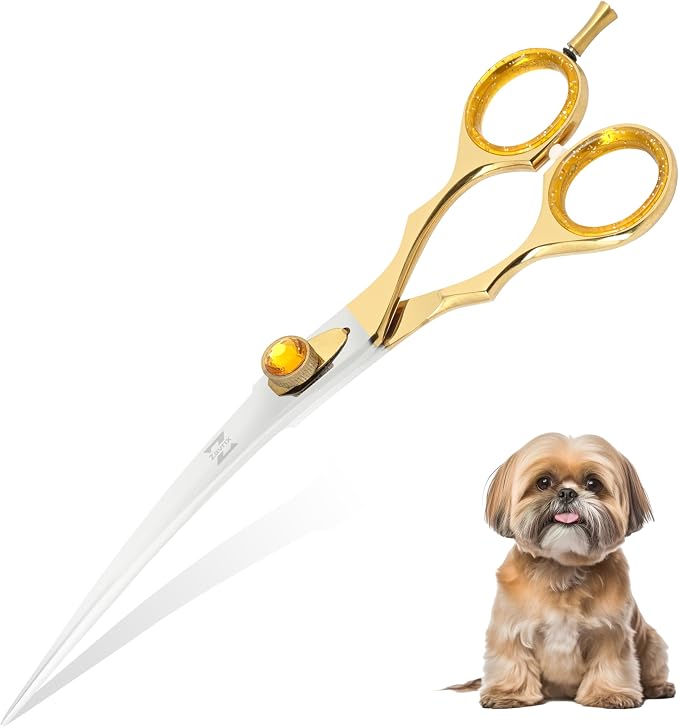 ZAVRIX Professional Dog Grooming Scissors – 7.5” Curved Thinning Shears with 34 Teeth, Pet Chunkers for Dogs & Cats, Premium 440C Stainless Steel Grooming Tools (Golden Polish Curved Scissor)