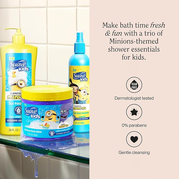Suave Kids + ChapStick Minions 4-Piece Bundle – 3-in-1 Shampoo, Conditioner & Body Wash, Coco-Craze Slime, Hair Detangler Spray, and Banana-Flavored Lip Balm Set