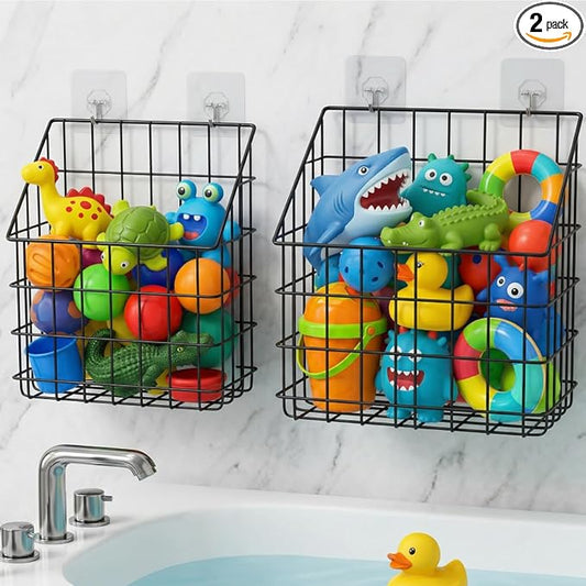 Noamus 2 Pack Bath Tub Toy Storage Organizer Basket, Rustproof Black Iron Holder with Hook&Drainage, Large Capacity Metal Shower Caddy for Shampoo, Bathroom Bedroom, 3-Way Mount (Wall, Hanging, Stand)