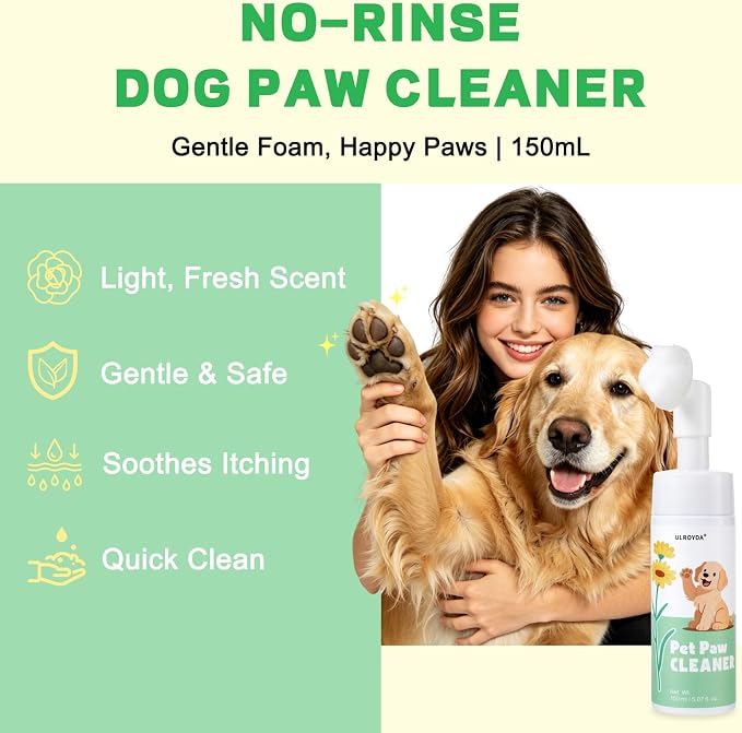 Dog Paw Cleaner No-Rinse Foam, 5-in-1 Paw Washer with Soft Silicone Brush - Removes Mud Dirt & Odor, Moisturizes & Soothes Dry Cracked Paws, pH-Balanced Hypoallergenic for Dogs & Cats, 5.07oz
