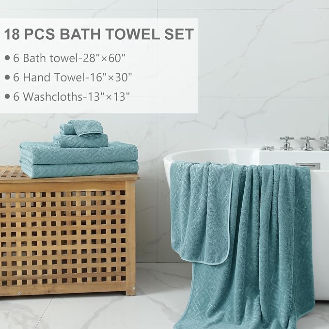 Smuge 18-Piece Bath Towel Set, Include 6 Bath Towel Sheets, 6 Hand Towels and 6 Washcloths - Highly Absorbent Quick Dry 100% Microfiber,Ultra Soft Bathroom Towel Set (Green Pine)