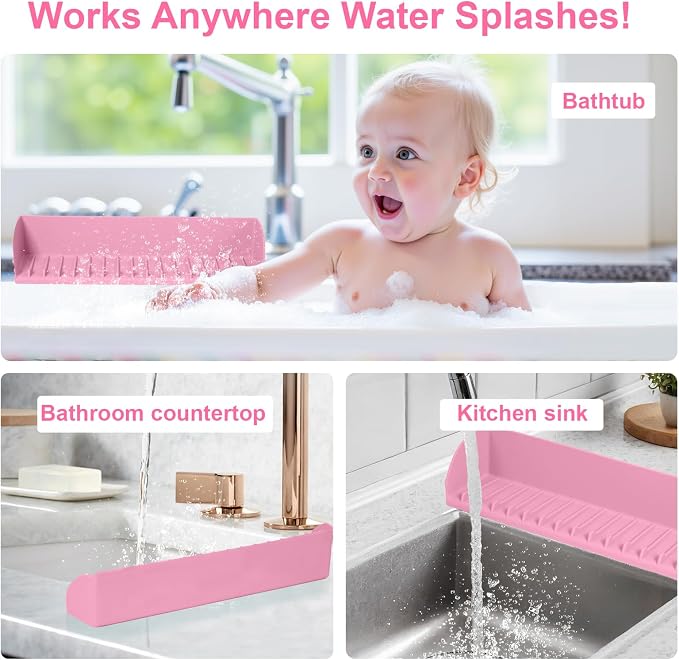 Tub Splash Guard for Kids, Bathtub Edge Water Guard Play Shelf and Toy Storage Organizer, Bathroom Sink Silicone Splash-Resistant with 4 Suction Cups, Easy to Install, Pink, 1 Pack