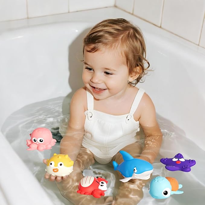 Bath Toys for Toddlers 6-12-18 Month, Bathtub Toys with 6 Baby Bath Animals, No-Hole Design Keeps Dry, Floating Toys Set for Baby 1 Year Old Boys & Girls (6 Pack)