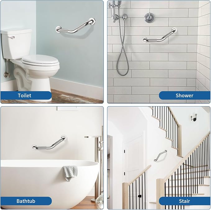 16 Inch Angled Shower Grab Bar, Munzong Anti Slip Satin Brushed Nickel Bathroom Grab Bar, Knurled Bathroom Balance Bar,Safety Hand Rail Support Handicap Elderly Injury Senior Assist Bath Handle