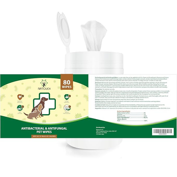 Antifungal and Antibacterial Wipes for Dogs & Cats, Dog Yeast Infection Treatment Wipes, All Natural Grooming Wipes for Cleaning, Help with Hot Spots, Ringworm, and Skin Infections, 80 Count
