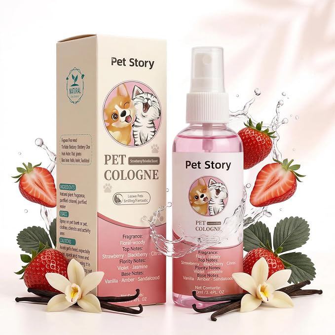 Dog Cologne & Pet Perfume Spray (Strawberry Vanilla) - Deodorizing Dog Deodorant Spray & Odor Eliminator for Dogs & Cats - Infused with Aloe Vera & Castor Oil Grooming Mist, 3.38 fl oz