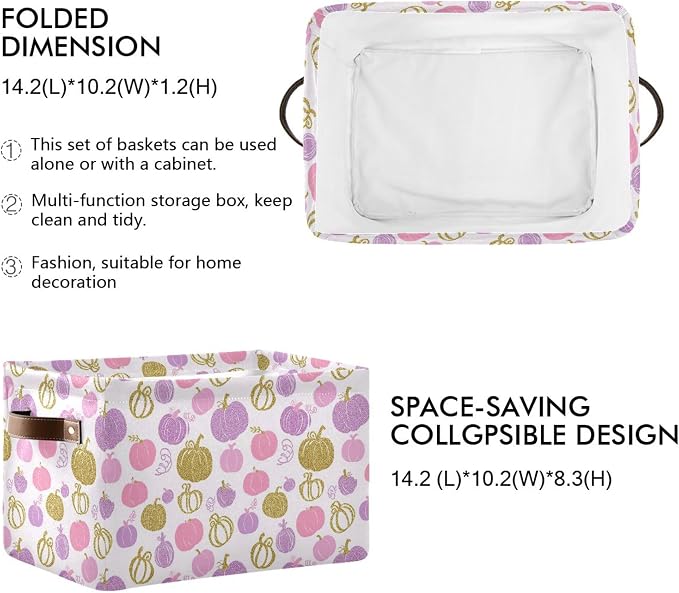 Wamika Pumpkin Pink Purple Storage Basket with Waterproof Liner and PU Handles Fall Thanksgiving Day Storage Bins Boxes 14.2" Collapsible Decorative Organizer Baskets for Bedroom Closet Office 2 Pack