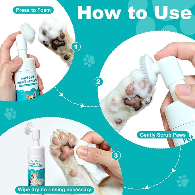 2-in-1 Pet Paw Cleaning Kit: No-Rinse Foam Cleaner & Pet Wipe Gloves, Foam Paw Scrubber for Dogs and Cats - Suitable for Small, Medium, Large Breeds, Puppies & Kittens with Dirty Paws