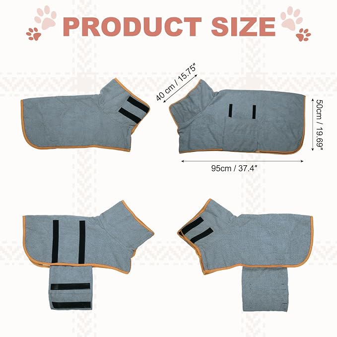 Dog Drying Coat, Dog Robes for After Bath Bathrobe Super Absorbent Towel Soft Adjustable, (XL, Gray&Orange Trim), Intended for Fast Drying Warm Keeping Pet Cats Kitten Puppies