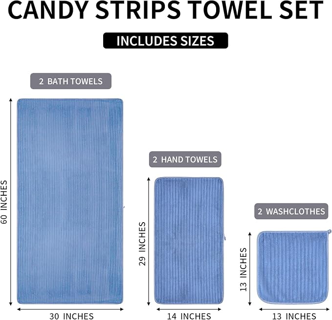 6-Piece Bath Towel Set(30"x60"), 2 Large Bath Towel Sheets, 2 Hand Towels and 2 Washcloths - Highly Absorbent Quick Dry Microfiber,Ultra Soft Towel Set for Bathroom (Blue)
