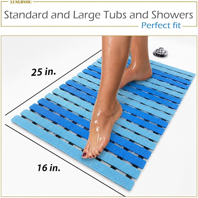 Non Slip Bathtub Mat | Double-Layered Shower Floor Mat with Suction Cups | EZ-Dry Construction | Non-Toxic, BPA, Latex, Phthalate, PVC Free (Wave)