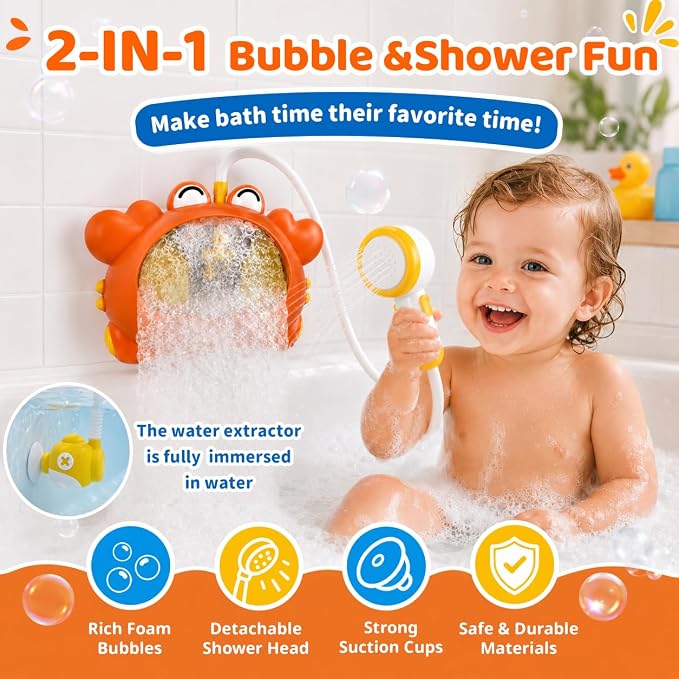 Crab Bath Toys,4 in 1 Bubble Bath Machine with Shower Head,Toddlers Light Up & Music Bath Bubble Maker, Baby Bathtub Toy for Kids Ages 1-3 4-8 USB Rechargeable
