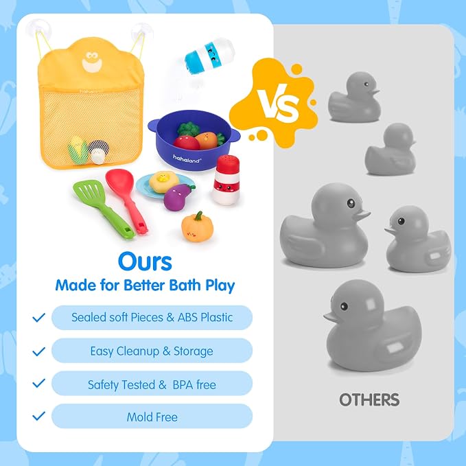 hahaland Color Changing Bath Toys for Toddlers 1-3, Bath Soup Kitchen Playset for 12M+, No-Hole Mold-Free Bathtub Toy for 1 Year Old, Pretend Cooking Set with 15 PCS Veggies, Pot, Spoon, Mesh Bag