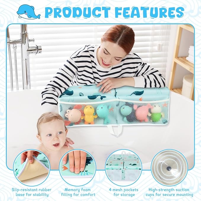 Baby Bath Kneeler and Elbow Rest Pad Set,1.5" Thick Baby Bath Kneeler Pads with Toys Organizer, Pads to Support The Arm, Essentials, Ideal Kneeling Pad for Bathing（Blue）