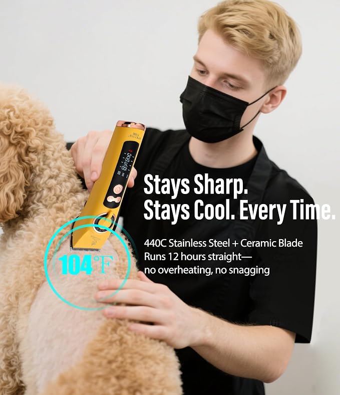 Professional Dog Grooming Clippers with 12H Runtime & Replaceable 440C Blade, 3-Speed Low Noise Electric Dog Shaver for Thick, Matted, Curly Hair, Cordless Clipper for Groomer & Home Use, White