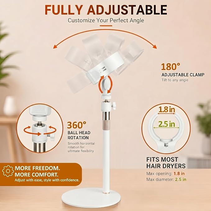Hair Dryer Stand Holder, Hands-Free Adjustable Countertop Stand, Stable Round Base, 360° Rotating Ball Joint, Fits Most Hair Dryers, White