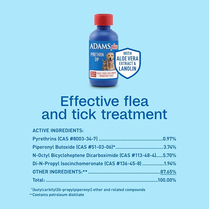 ADAMS Plus Pyrethrin Flea Dip For Dogs and Cats, Kills & Repels Ticks, Lice, Gnats, Mosquitoes, Fleas & Flies, For dogs, cats, puppies, and kittens, 4 Fl oz