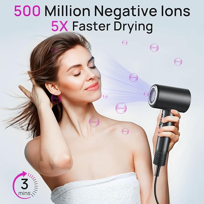 CONFU Hair Dryer, 110000 RPM Fast Drying Blow Dryer with Magnetic Diffuser and Concentrator, Professional Lightweight Ionic Hair Dryer for Women and Men Black