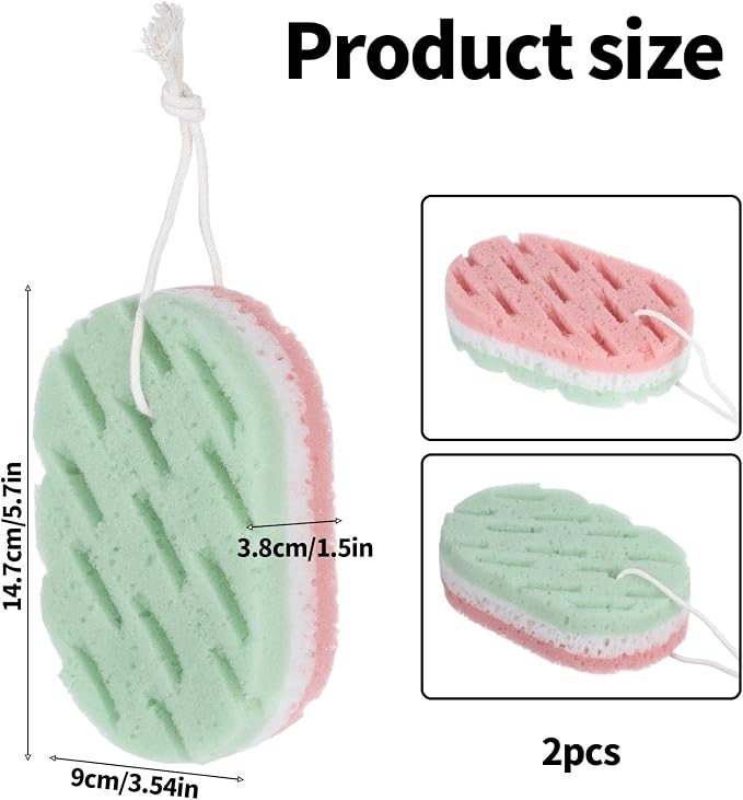 2 Pcs Bath Sponge, 3-Layer Body Wash Sponges Loofah Body Scrubber | 2 Colors & Large Size Shower Pouf Cleaning Loofahs for Shower Exfoliating