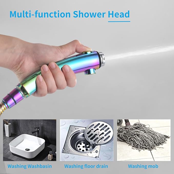 KAIYING Drill-Free High Pressure Handheld Shower Head with ON/OFF Switch, 3 Spray Modes - Polished Finish, Shower Head (Radiant Rainbow) + Bracket + Hose