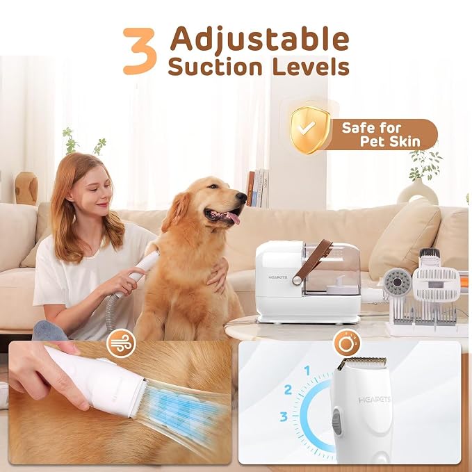 HEAPETS Dog Grooming Vacuum Kit - 3L Vacuum with 7 Tools, Low Noise Electric Clipper and Brush for Pet Shedding at Home, White