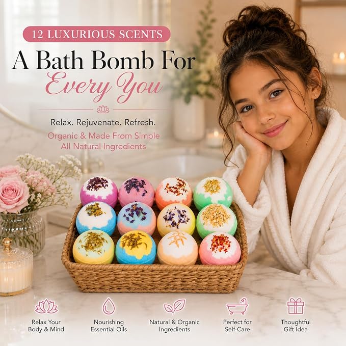 EvolutionUSA 12 Inspire Bath Bombs for Women & Girls – Flower Topped Bath Bombs Girls, Fun Bathbombs Set, Organic Bath Fizzers, Luxury Gift for Mothers Day, Birthday, Christmas, Easter or Self Care