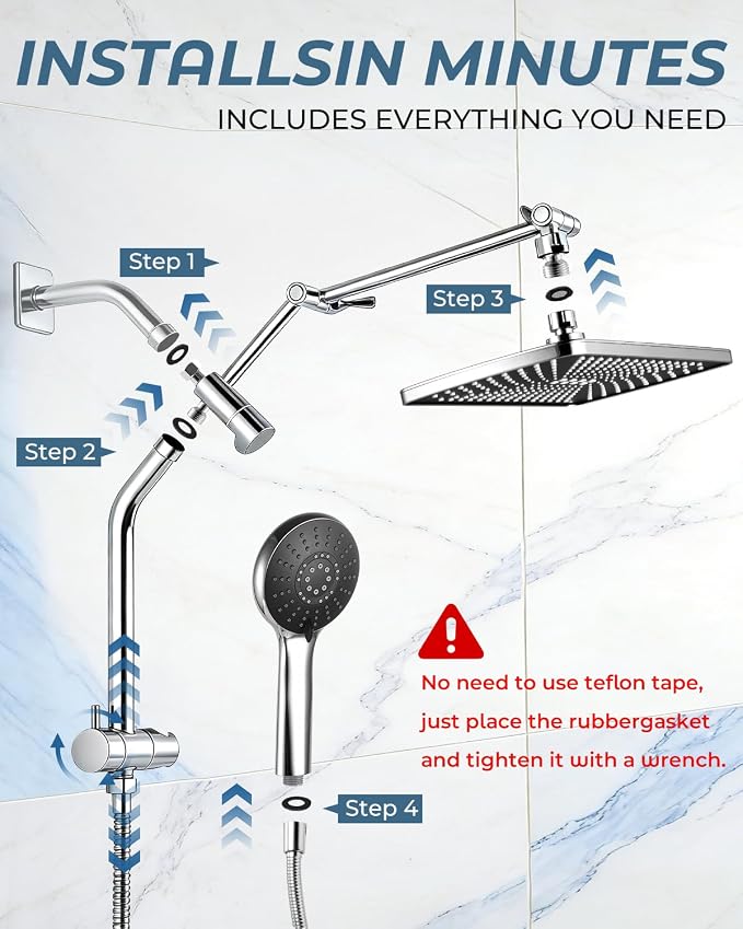 11.8" Rain Shower Head with Handheld, High Pressure Handheld Shower with Multi Spray Modes, Rainfall Combo with Metal Extension Arm, Detachable Dual Showerhead, Bathroom Decor, Chrome Silver