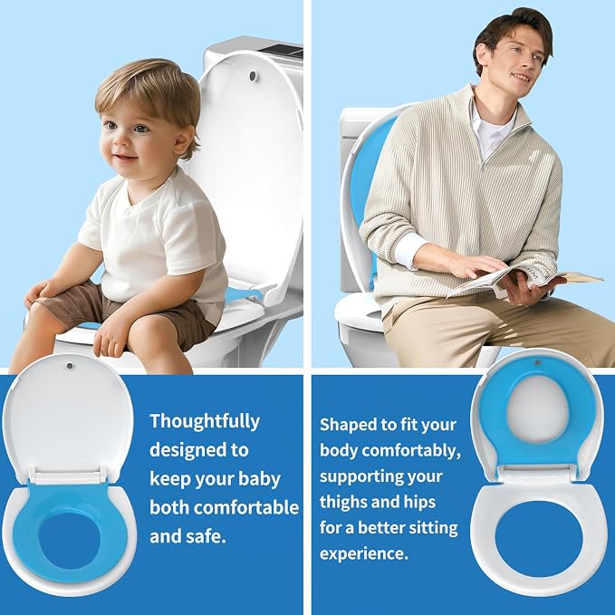Potty Training Seat for Adults & Kids , 2-in-1 Round Toilet Seat with Toddler Seat, Soft Close Lid & Easy Install , 16.5inch,PP Safe Material,Blue