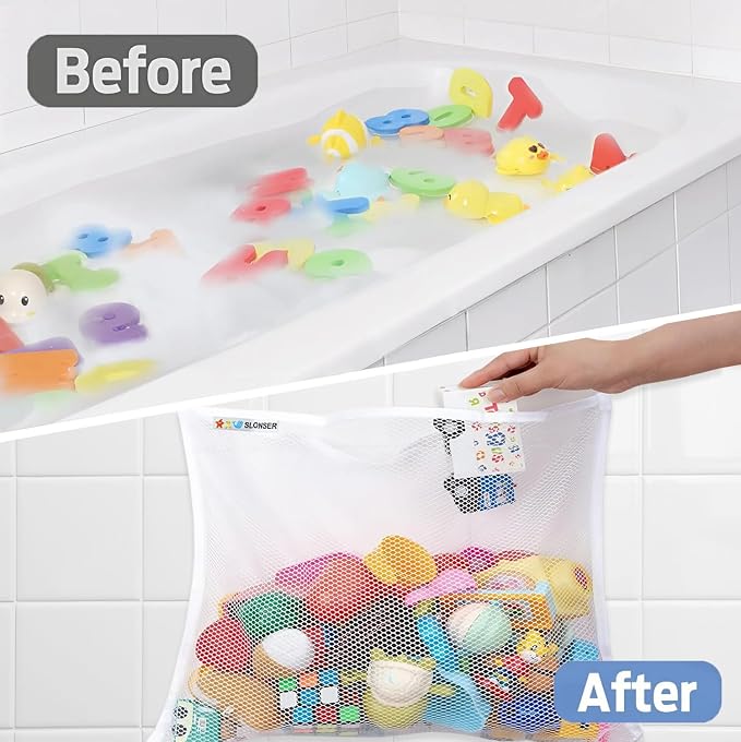 Bath Toy Storage Organizer for Bathtub – Large Mesh Bath Toy Holder & Bath Toy Net, Quick-Dry Hanging Bathroom Bag with 6 Strong Suction Cups, 4 Adhesive Hooks, Toy Holder for Tub & Shower, 2 Pack