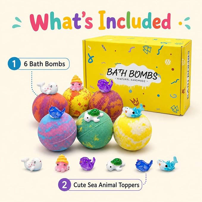 Bath Bombs for Kids with Surprise Inside, 6 PCS Bath Bombs Gift Set with Sea Animal Toys, Fizzy Bubble Bath Bombs with 6 Scents for Girls Ages 3+, Kids Bath Bombs for Toddler Christmas Birthday Gifts