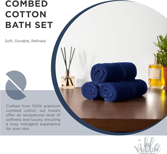24-Piece 100% Cotton Towel Set, 6 Bath Towels, 6 Hand Towels, 12 Wash Cloth, Quick-Dry, Navy Blue