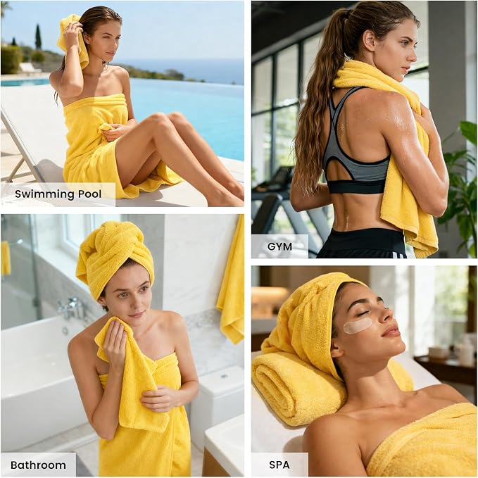 12-Piece Cotton Bath Towel Set with Hanging Loops for Bathroom, Yellow | Balanced towel set for family showers, sink-side use, guest baths, and wash-day rotation, OEKO-TEX certified, easy care
