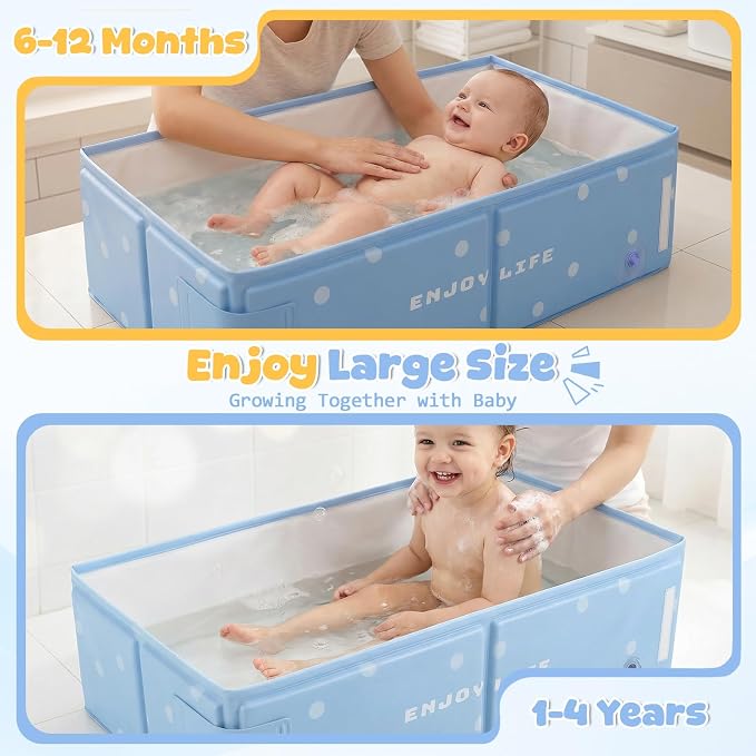 Orzbow Toddler Bathtub with Temperature Sticker, Collapsible Baby Bathtub with Side Drain Plug, Portable Bath Tub for Infant 6 Months+, Easy to Clean, Stable & Durable, Folds to Store, Blue