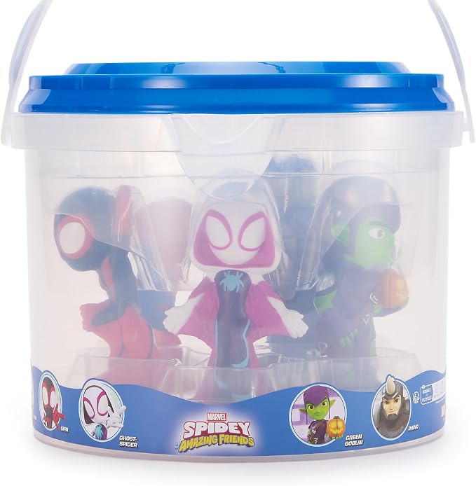 Disney Store Official Spidey and His Amazing Friends Bath Toys Set - Includes 5 Detailed Toys with a Straining Storage Bucket - Bath Time Fun and Water Play Set for Kids