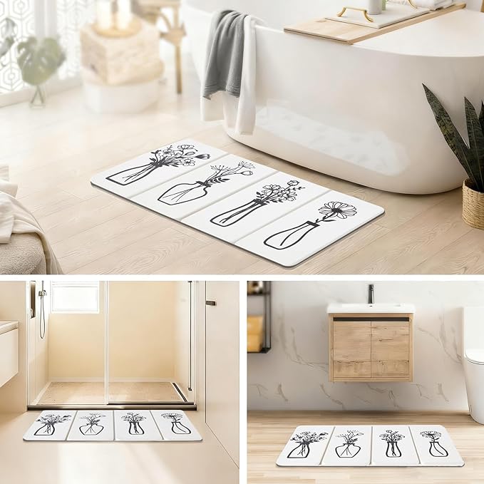 Foldable Stone Bath Mat - 24x16 Inch, Diatomaceous Earth Fast Absorbent Large Black and White Floral Farmhouse Stone Bath Mats for Bathroom Decor Quick Dry Non-Slip Shower & Bathtub & Drying Mat