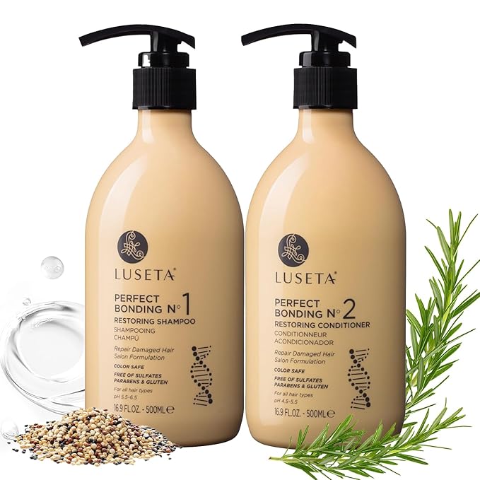 LUSETA Bond Repair & Revitalizing Shampoo and Conditioner Set for Chemically Damaged Hair. Deep Moisture to Smooth Frizz & Add Shine. Strengthens Hair Structure with Rosemary & Marula Oils, 2x16.9 oz