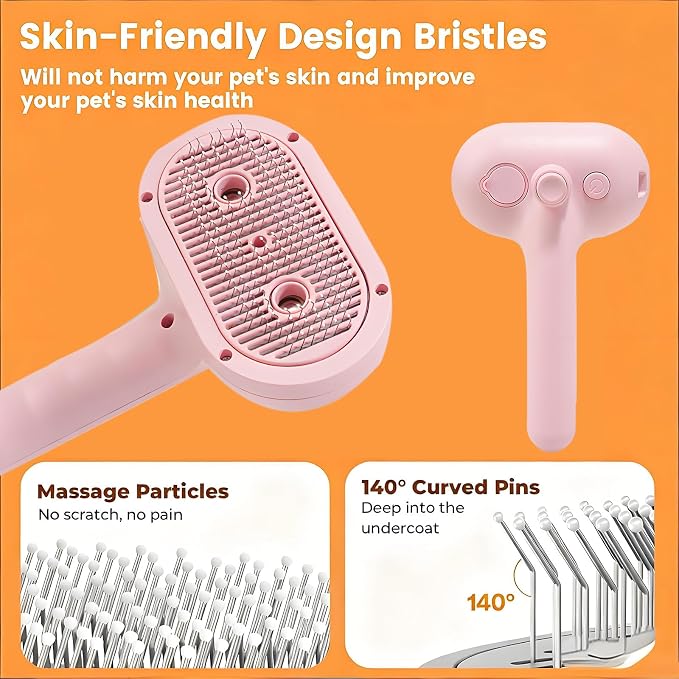 Pet Steam Brush for Cat & Dog, 2-Hole Double Spray, 3-in-1 Cat Steam Brush,Pet Spray Comb with Shedding Massaging Grooming Self-Cleaning Release Button for Long & Short Haired Pets(Pink)