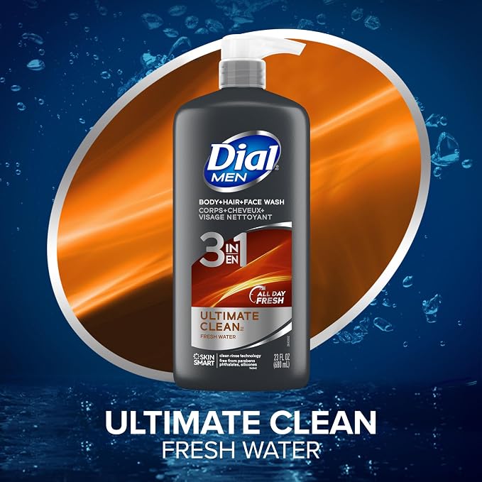 Dial Men 3 in 1 Body,Hair and Face Wash,Refresh,16 Fl Oz,Cleanses Deep + Gentle on Skin with Clean Rinse Technology,(Pack of 6)