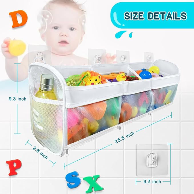 Bath Toy Storage and Organizer – 3-Compartment Hanging Bathtub Toy Holder with Bottom Zipper, Quick-Drying Mesh Bag, Ideal Bath Toy Holder for Easy Access and Sorting of Toys