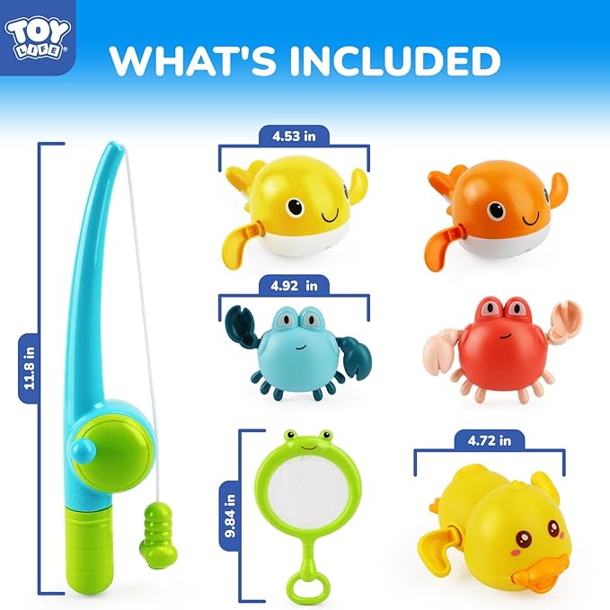 TOY Life Bath Toys for Kids Ages 1-3, Magnetic Fishing Game with Mold Free Wind Up Bath Toys for Toddlers 1-3 & Toy Fishing Pole & Fishing Net, Water Table Pool Fun Bathtub Toys for Baby Infant