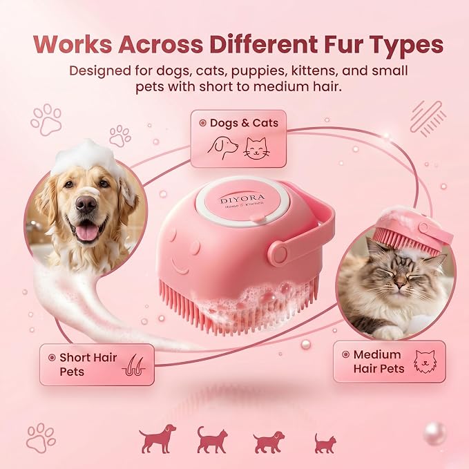DIYORA Pet Shampoo Brush, 2-in-1 Silicone Bath Brush with Soap Dispenser for Dogs & Cats, Grooming, Massaging, Shedding & Deep Cleaning Tool for Short Hair, Long Hair & Small Pets(Pink)