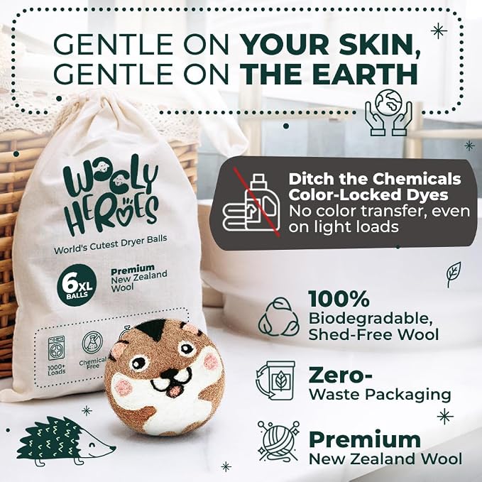 Chemical Free & Baby Safe! Reusable Wool Dryer Balls XL 6-Pack - Reduces Static, Cuts Dry Time, & Softens Naturally
