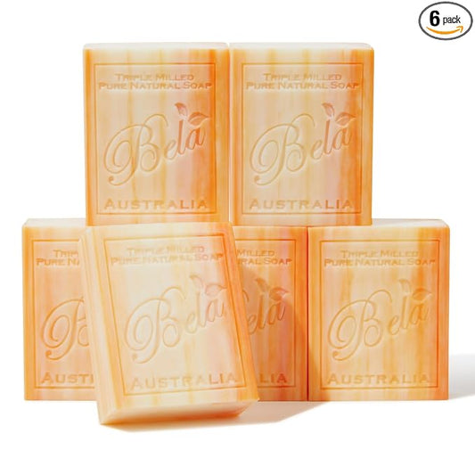 BELA Orange Zest Soap Bars 3.3 OZ Pack of 6, French Triple Milled Bar Soap with Organic Shea Butter Soap Bar for All Skin Types Long Lasting, Made in Australia